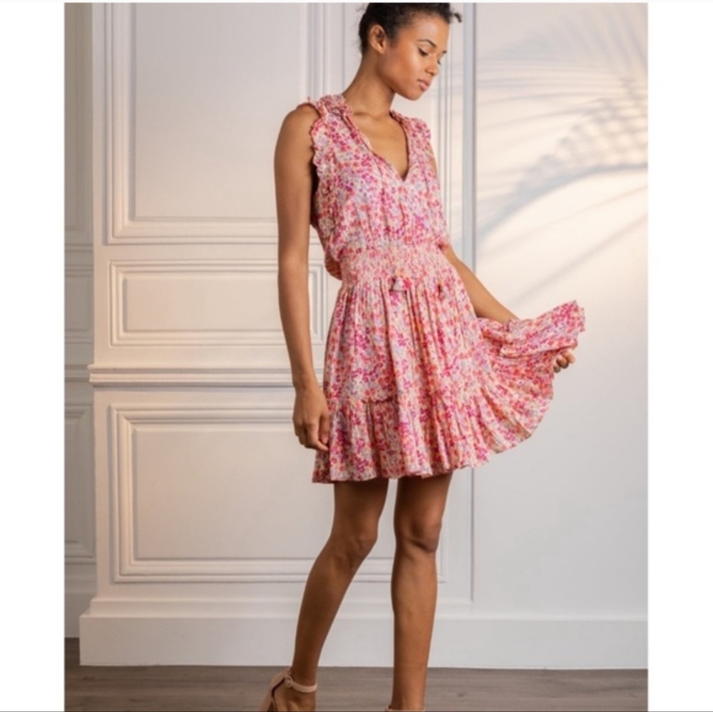 Poupette St Barth Triny Mini Dress Ruffle Floral Orange Size M
